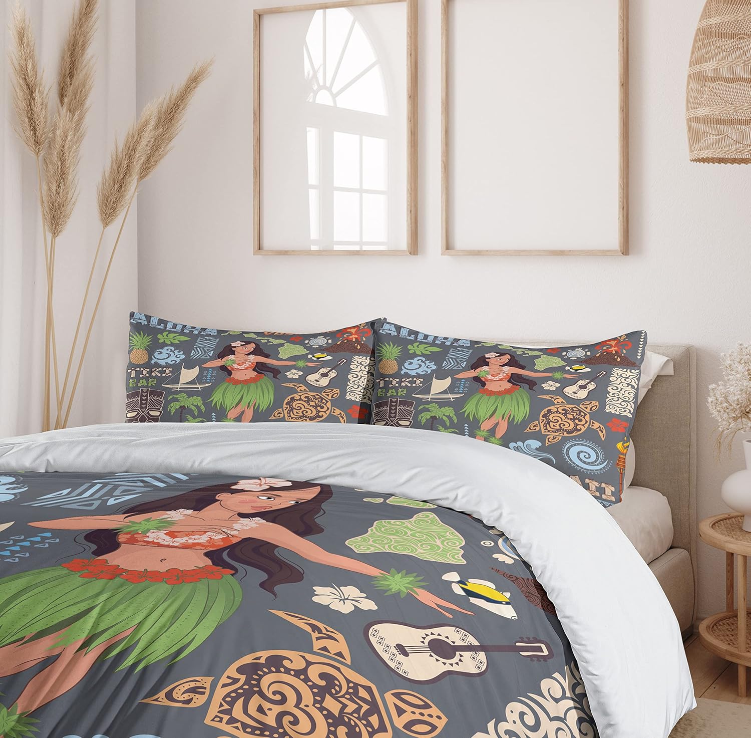 Ambesonne Hula Girl Duvet Cover Set, Tribal Aloha Folks Volcano Culture Tourism Hibiscus Retro Design Illustration, Decorative 3 Piece Bedding Set with 2 Pillow Shams, Queen Size, Multicolor