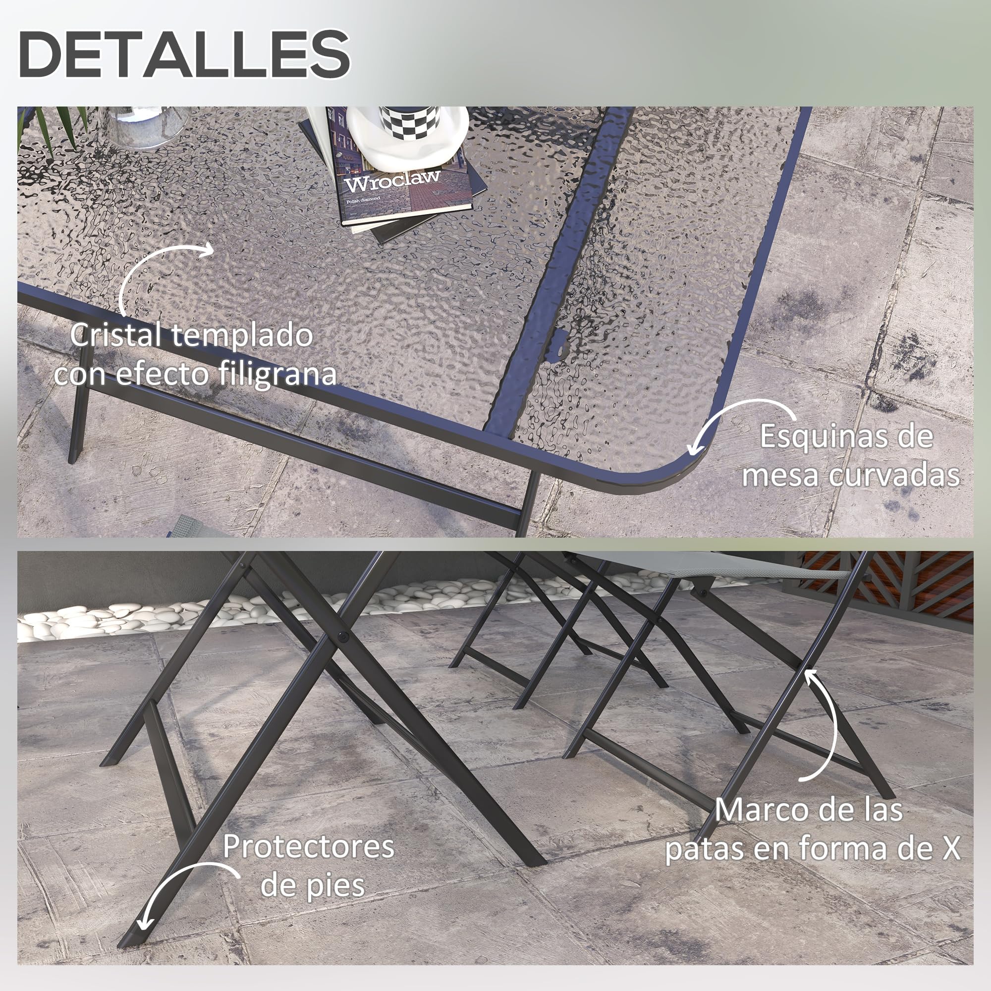 Outsunny Conjunto de Jardín Conjunto de Comedor de Exterior de 5 Piezas Incluye 1 Mesa de Vidrio Templado y 4 Sillas Plegables Estilo Moderno para Terraza Patio Gris