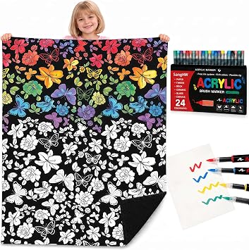 Flower Coloring Blanket with Markers - 48"x56" Cozy Velvet Craft Kit, Includes 24 Colors, DIY Coloring Blankets for Adults and Kids 3+,Creative Personalized Room Decor Gift