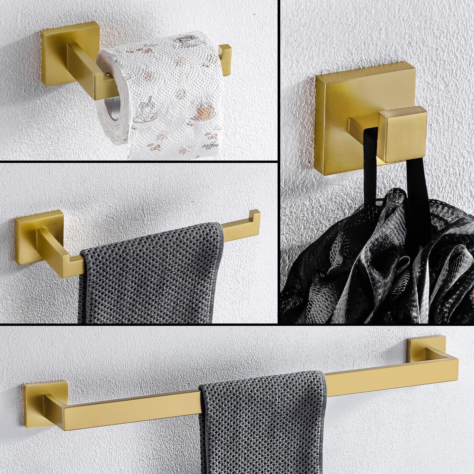TURS Juego de 4 accesorios de baño de acero inoxidable cuadrado para toallero, montado en la pared, oro cepillado, Q7GD-4PC-60CM