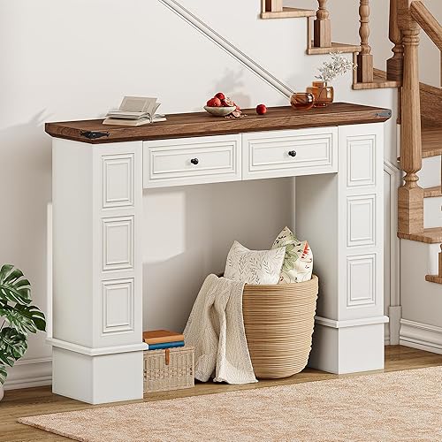 YITAHOME Farmhouse Console Table for Entryway with Storage, Narrow Long Sofa Table Furniture with Non-tip Kit, Behind Couch Table for Hallway, Living Room & Bedroom, Off White & Walnut