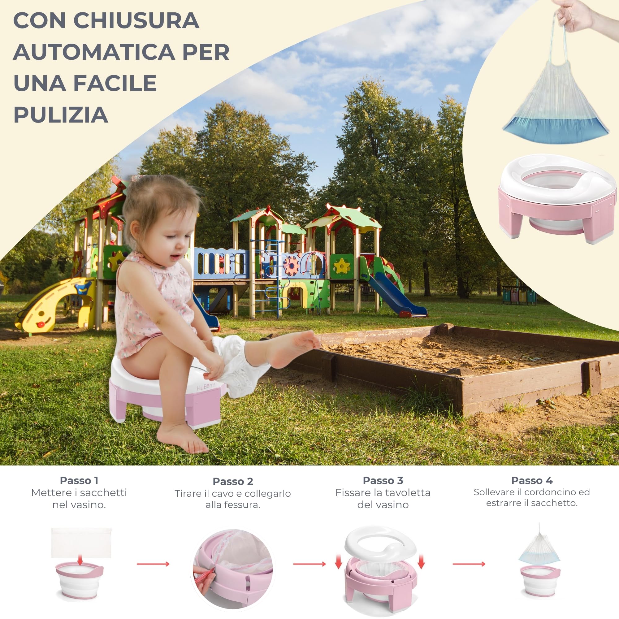 HuBorns - Vasino Portatile per Bambini da Viaggio, 10 Sacchetti Inclusi, Vasino da Viaggio per Bambini Comodo e Sicuro, WC Portatile bambini Facile da Trasportare e da Usare come Riduttore WC Bambini