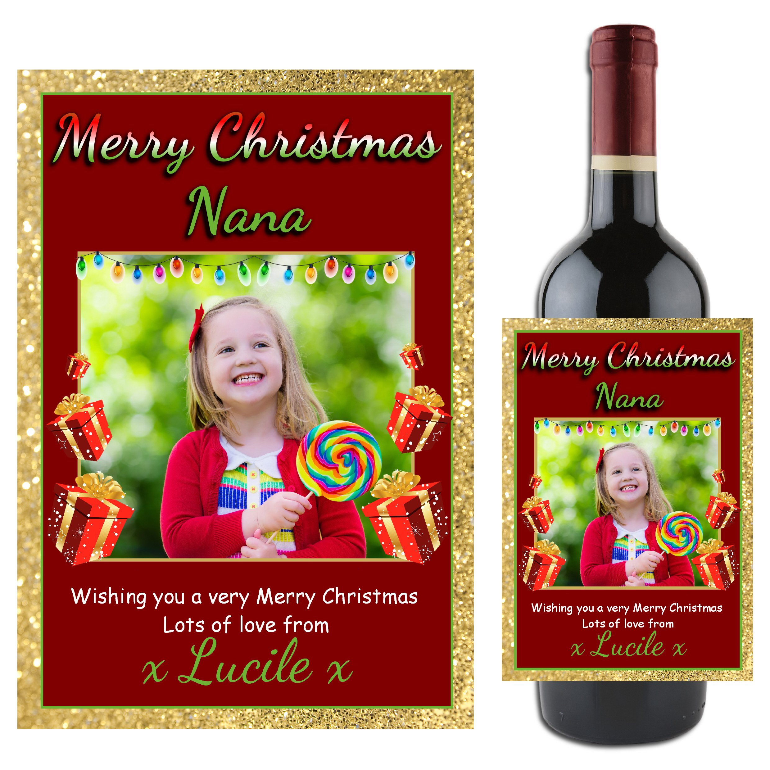 Personalised Merry Christmas Wine Champagne Bottle Photo Label Christmas Xmas Stocking Filler Gift Idea for her him N78