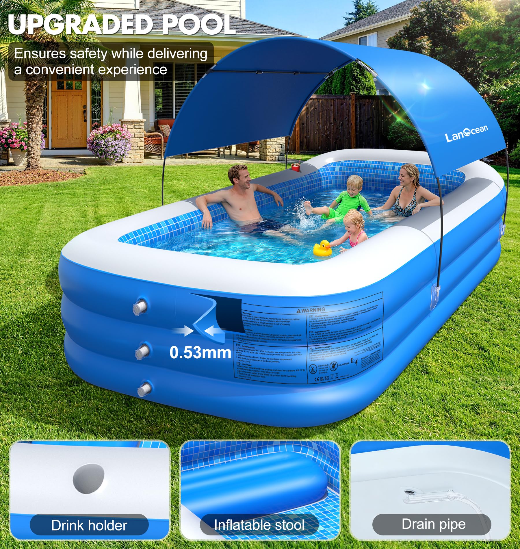 LanOcean Piscina Hinchable Adultos con Sombrilla, 280*160*50cm Piscinas Hinchables Grandes, 0,53mm Rectangular Piscina Hinchable infantil con Asiento y Portavasos, Piscinas Hinchables Familiar Jardin