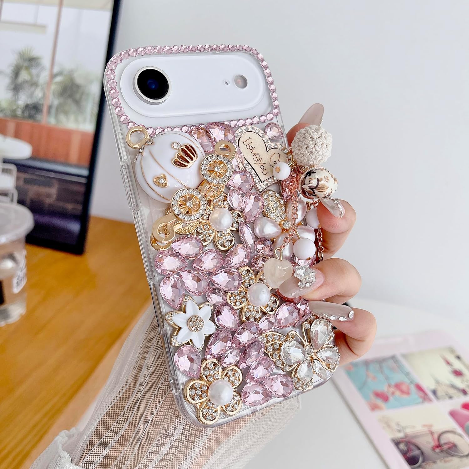 iFiLOVE for iPhone 17 Pro Max Bling Diamond Case, 3D Luxury Sparkle Glitter Crystal Rhinestone Butterfly Flower Pendant Charm Case Cover for Girls Women Kids (Pink) - Image 6