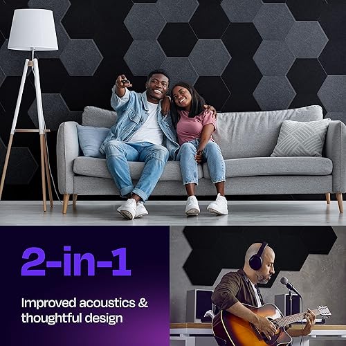Miniatura 2 de Ekkogo - Paneles insonorizantes de alta densidad para pared, forma hexagonal, paquete de 12 unidades de 14" x 12.1" x 0.4", color negro intenso