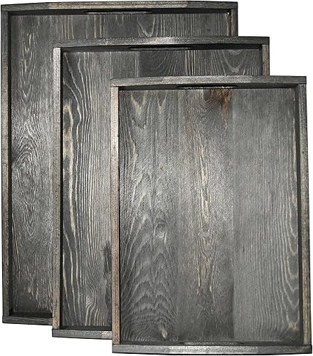 Miniatura 3 de Owlgift Bandejas de madera gris vintage con detalles de metal de latón, juego de 3