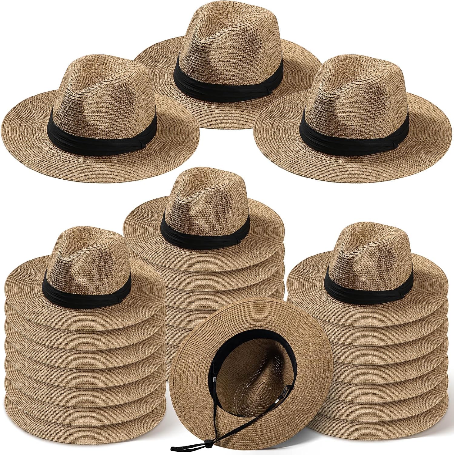 Sureio 24 Pcs Panama Straw Hats for Women Bulk Wide Brim Beach Hat Bulk Summer Sun Straw Cap for Women Men