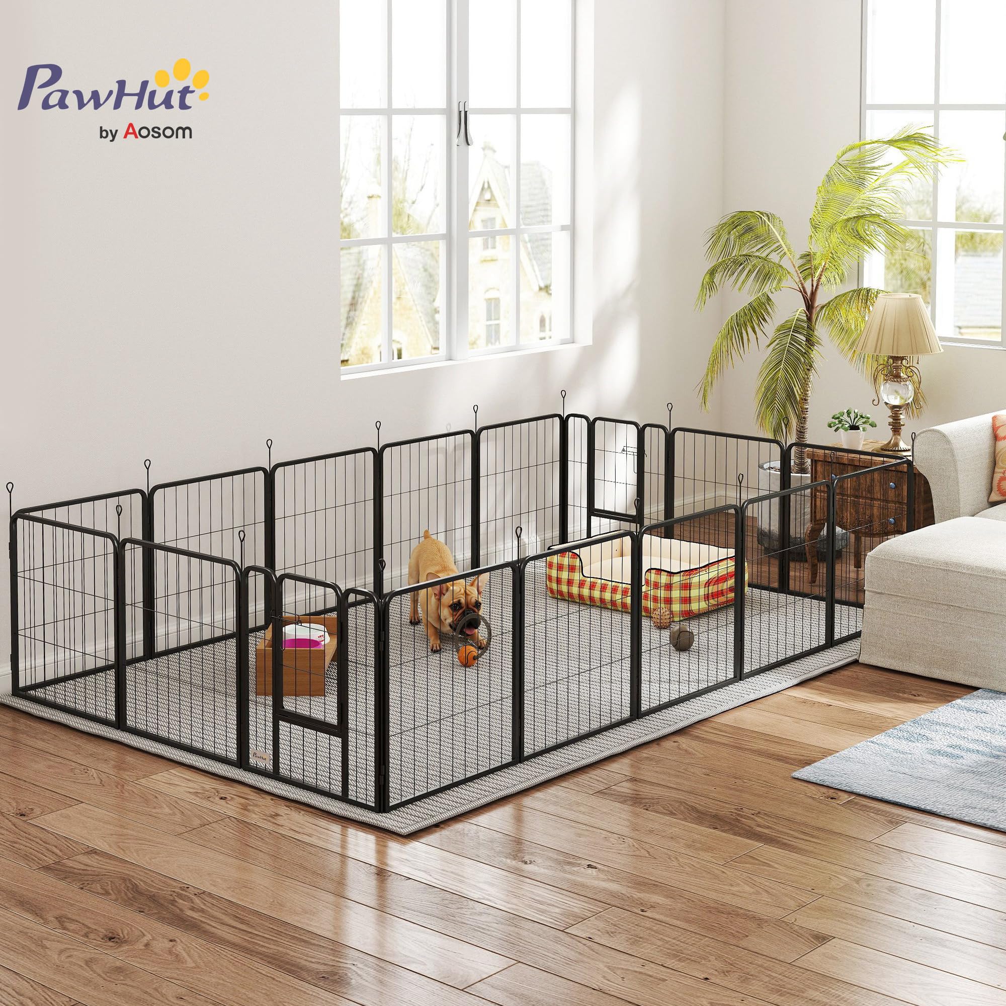 PawHut Parc pour Chien, enclos Chien 16 Panneaux modulable et Pliable, enclos Portable en Acier 60H cm avec 2 Portes, clôture pour Petits Chiens, intérieur et extérieur, Noir