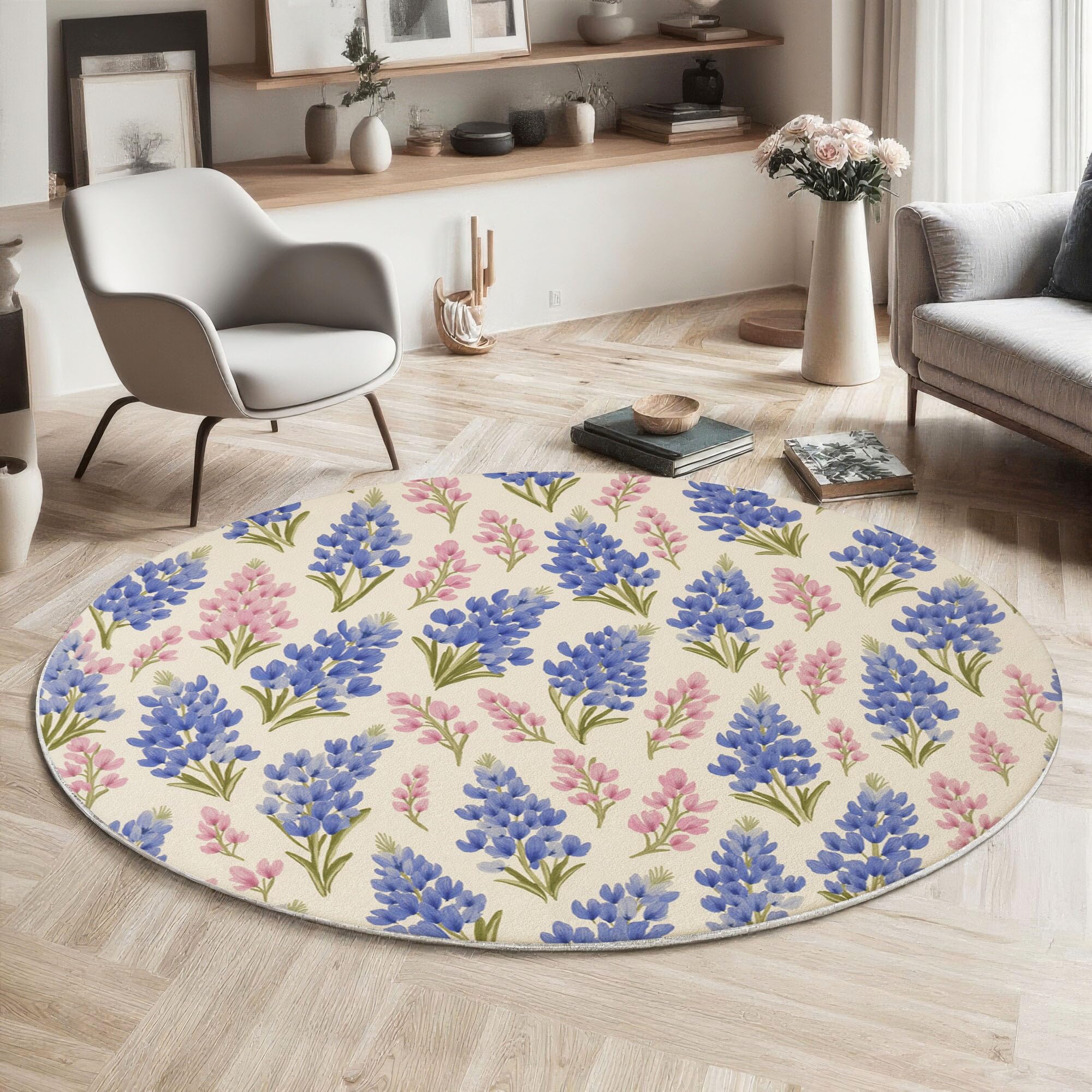 Tapis de salon rond floral 100cm beige motif fleur dessiné main antidérapant