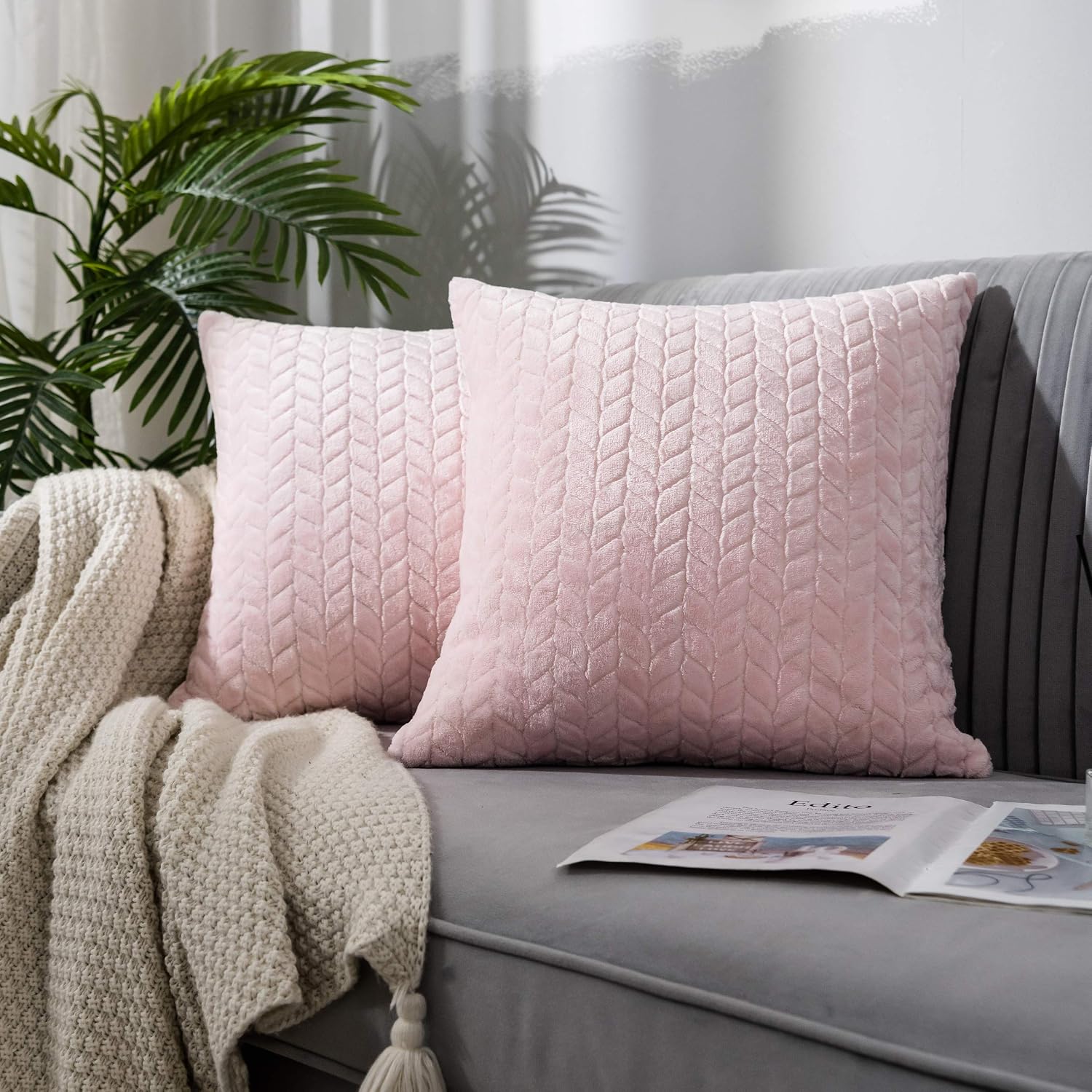 Ohshimun Set of 2 Decorative Pattern Throw Pillow Cases, Comfortable Coral Velvet Cushion Covers for Sofa Couch and Bed - 20"x20", Pink.