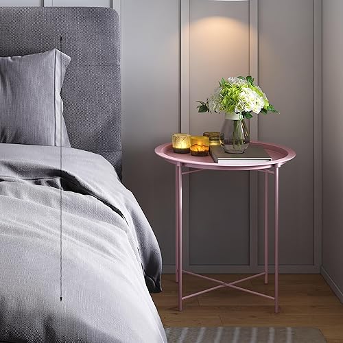 Miniatura 2 de Juego de 2 mesas auxiliares rosas para exteriores, mesas auxiliares redondas plegables de metal para patio pequeño, sala de estar, dormitorio,