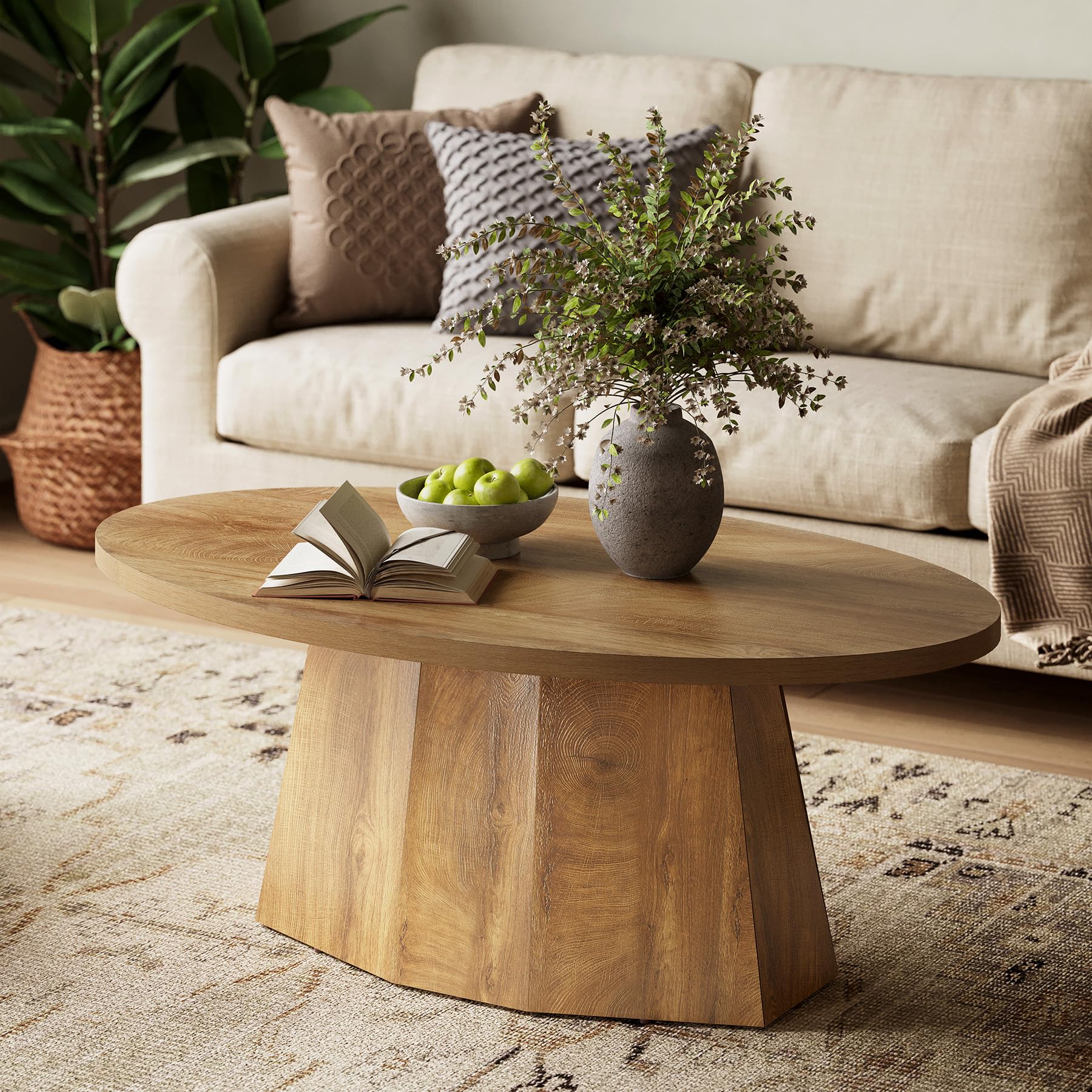 Oval Coffee Table 47-inch Polygonal Pedestal Yellowish Brown