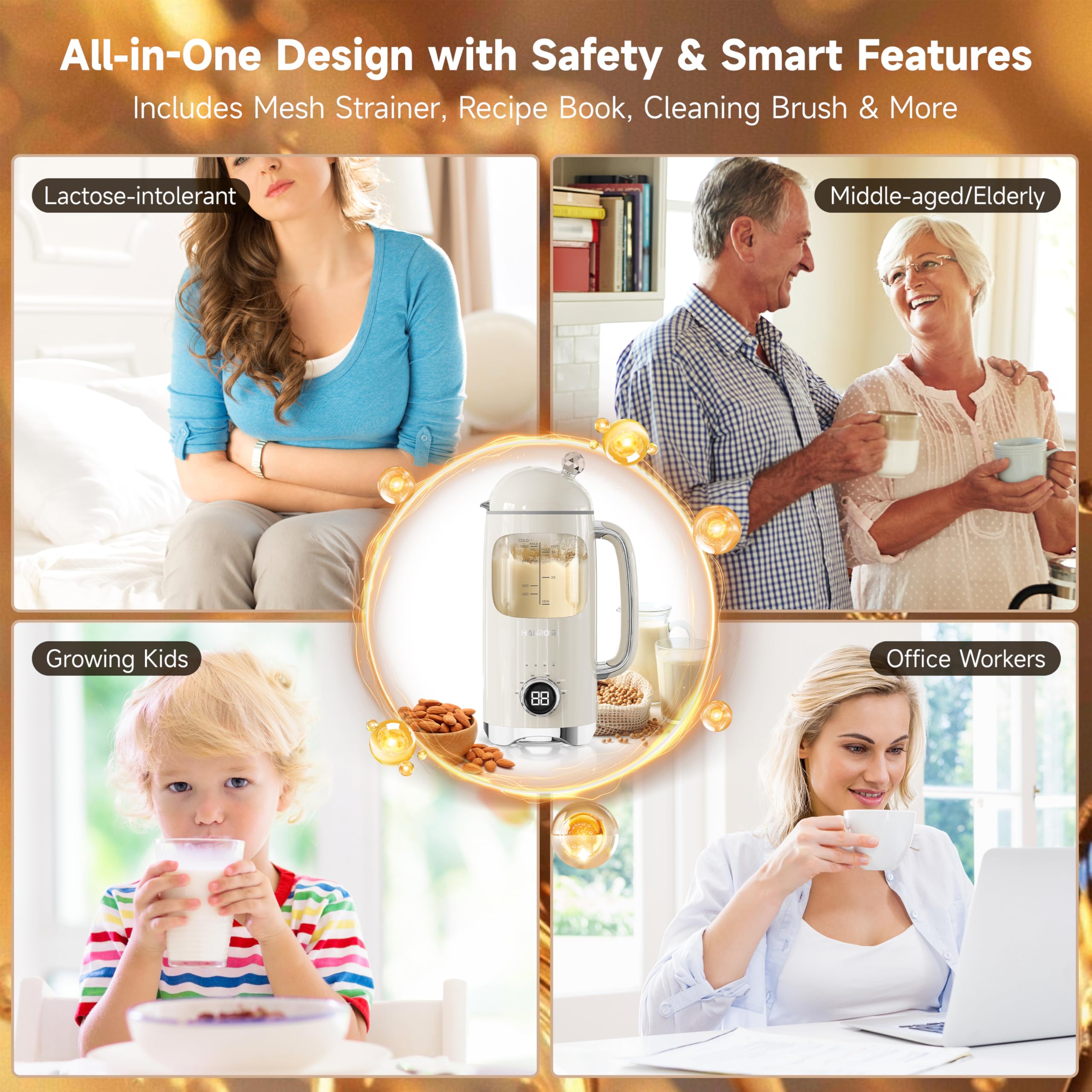 Máquina para fabricar leche de nuez 6 en 1, máquina de leche de soja y almendras de 34 onzas con 8 cuchillas, licuadora automática para leche de avena casera y batidos, bebidas a base de plantas 9