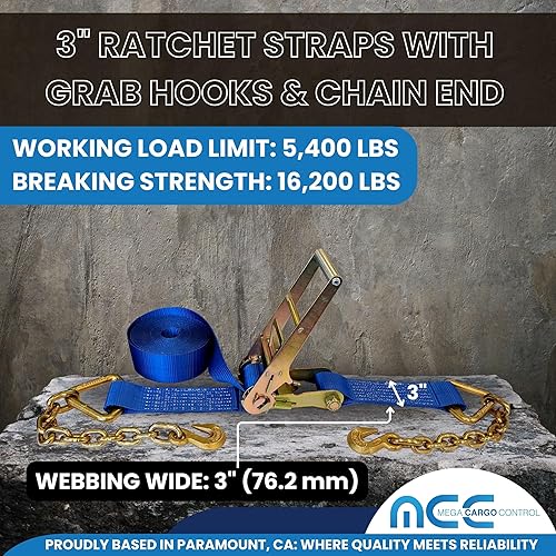 Miniatura 2 de Mega Cargo Control Correas de trinquete de 3 pulgadas x 60 pies con ganchos de agarre y extremo de cadena, correas de anclaje azules, 1 paquete