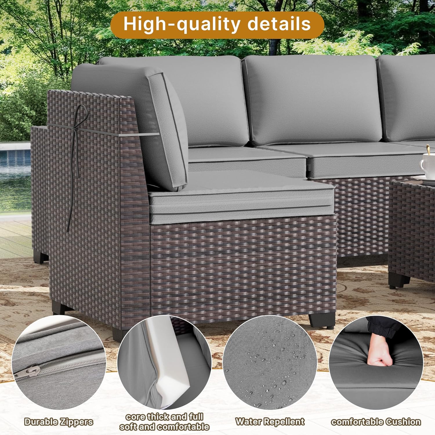 Gotland 6 Pieces Patio Furniture Set with 1 Coffee Table, 5 Seater Rattan Outdoor Sectional with Wide Armrests 29.5'' High Backrest Thick Waterproof Cushions, Conversation Sets for Deck Garden Gray