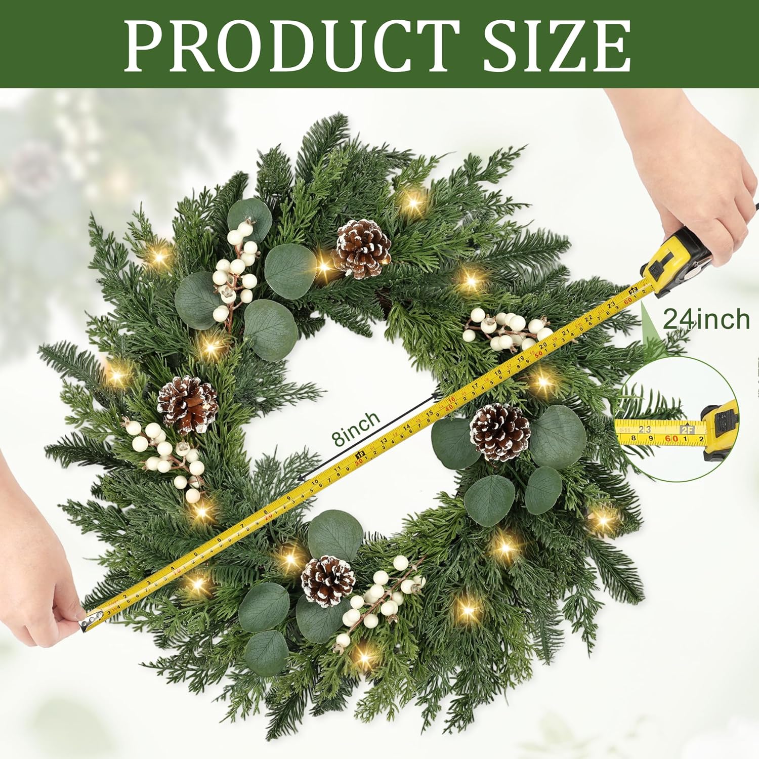 Christmas Wreath with Lights 24 Inch Real Touch Pine Wreath with White Berries/Pine Cone Prelit Christmas Wreaths for Front Door Outdoor Christmas Decorations Winter Wreath for Home Indoor Holiday - Image 9