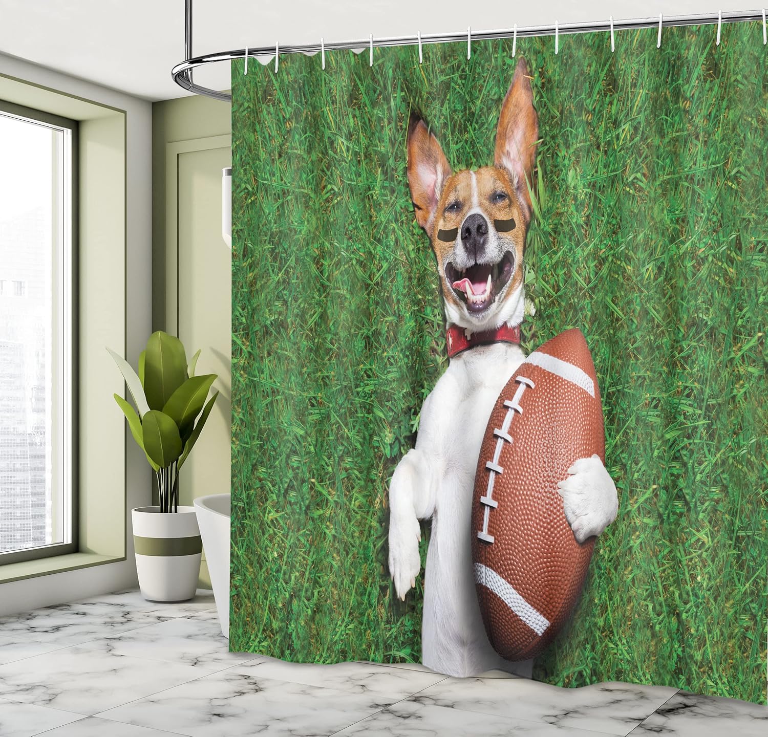 Ambesonne Sports Shower Curtain, Funny Happy Puppy Plays Soccer Dog Holding a Rugby Ball Lying Down and Laughing Comic Joke Graphic, Cloth Fabric Bathroom Set with Hooks, 69" W x 70" L, Green Brown