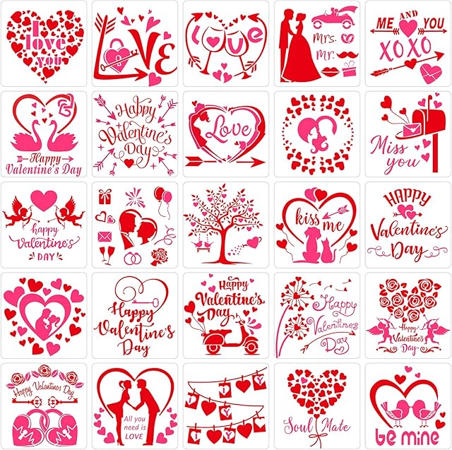 25 Pieces Valentine's Day Stencils Reusable Valentine Painting Templates Plastic Heart Couple Album Drawing Stencils for Valentine's Day DIY Craft Painting Scrapbooking Card Wedding Decoration