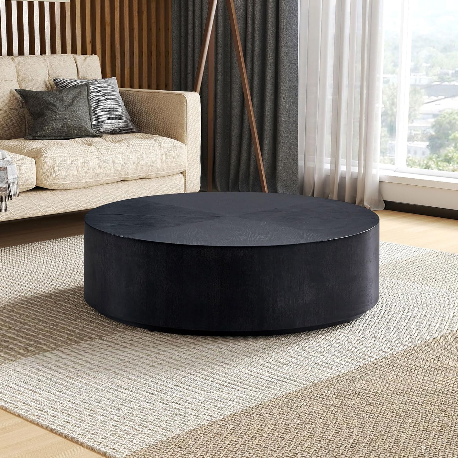 35.43" Modern Round Side Table MDF Sturdy Pedestal Base Drum Coffee Table Decor No Need Assembly Bedside Table for Living Room Bedroom Office Home