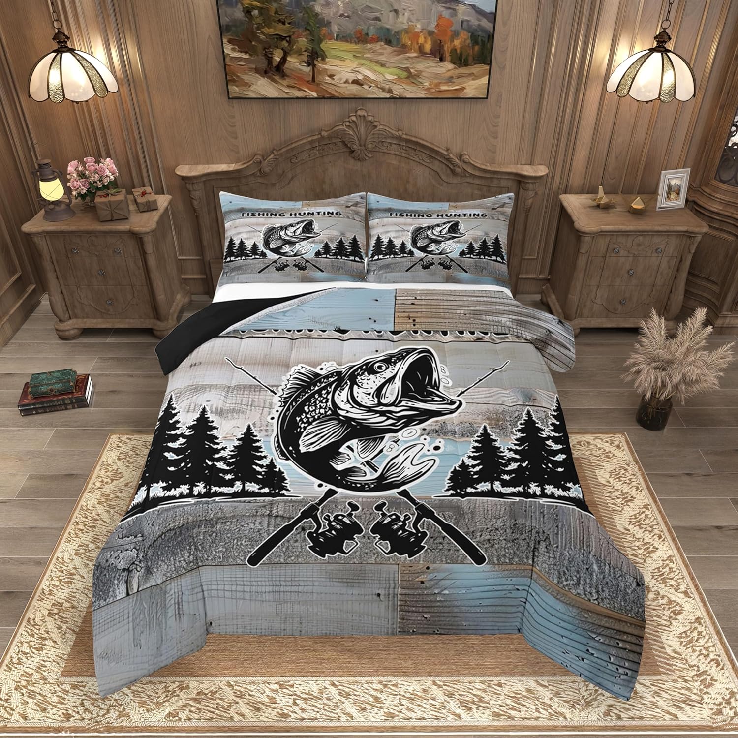 Feelyou Fishing Bedding Set Soft for Boys Girls, Rustic Lakehouse Farm Comforter Set Twin Size Cabin Country Duvet Quilt Microfiber Bedroom Decor 2 Pcs with 1 Pillow Cases