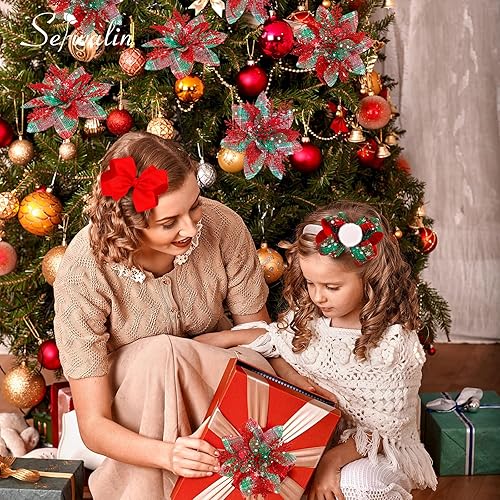 Miniatura 36 de Serwalin 20 flores de Navidad artificiales plateadas, flores de nochebuena con clips, tallos con purpurina, adornos para árbol de Navidad, boda