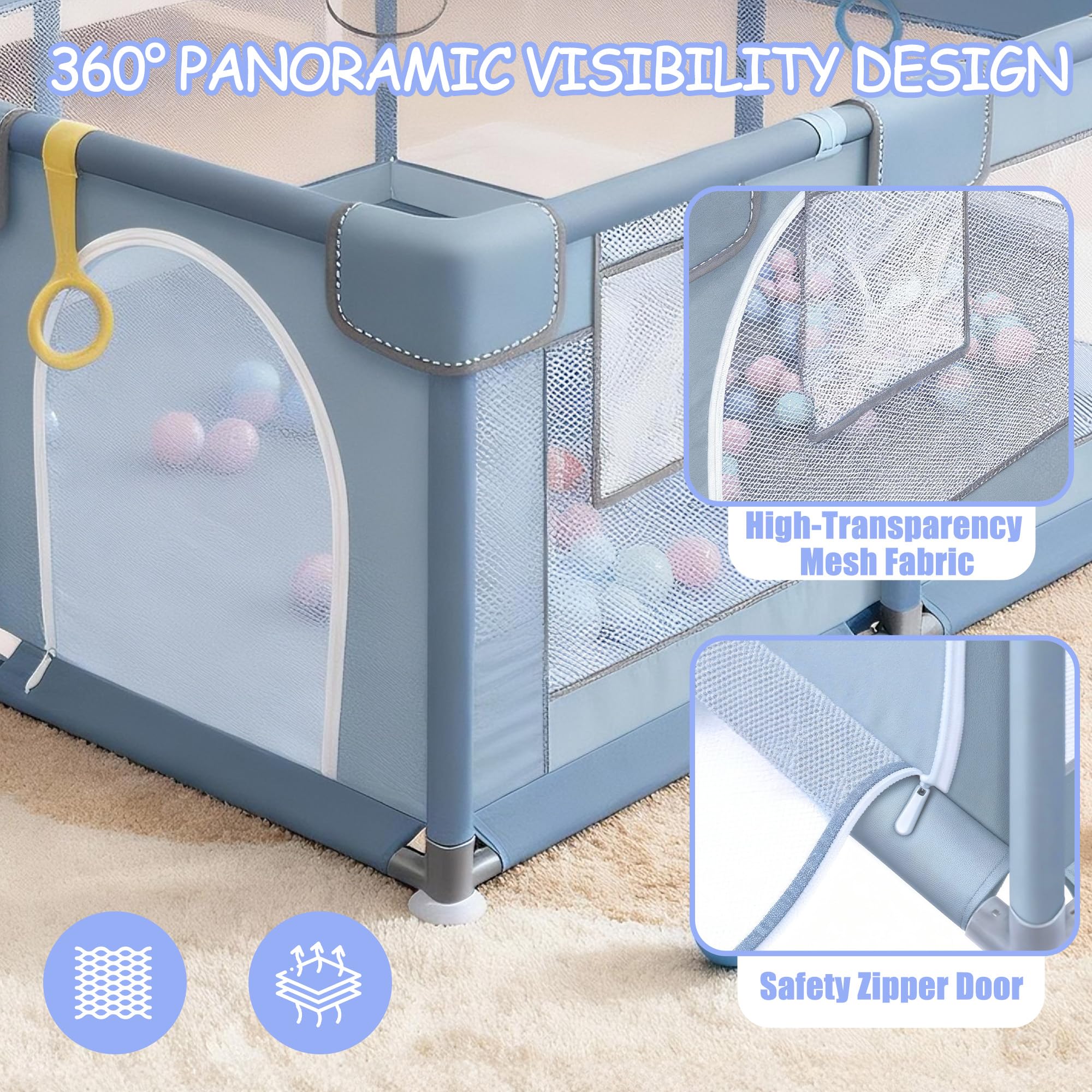 Verdego Parc Bebe 150x180x66cm, Parc Enfant avec 50 Boules de Fosse, 4 Anneaux de Traction, Mini Vannerie, Tissu 210D Oxford et Acier Inoxydable, Espace de Jeu Sécurisé pour Enfants (gris clair)
