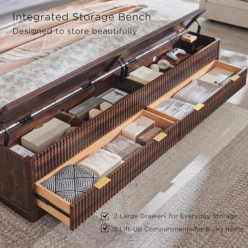 T4TREAM Fluted King Bed with Headboard and Storage Bench, Dark Walnut image 4