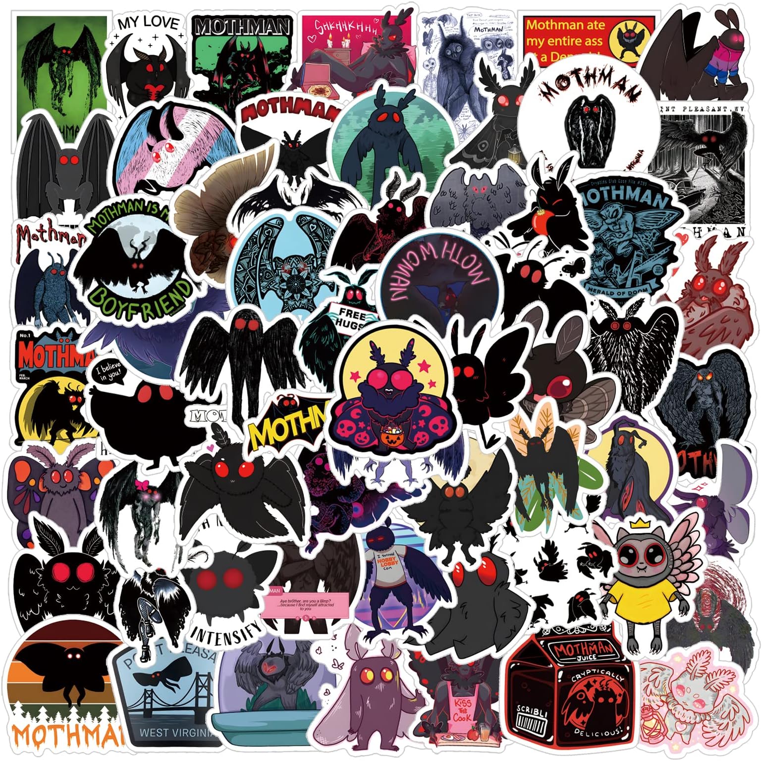63Pcs Mothman Stickers, Cryptid Cartoon Aesthetics Vinyl Decals Waterproof Stickers for Helmet Laptop Phone Water Bottles for Adults for Birthday Halloween Party Supplies Decoration Favors