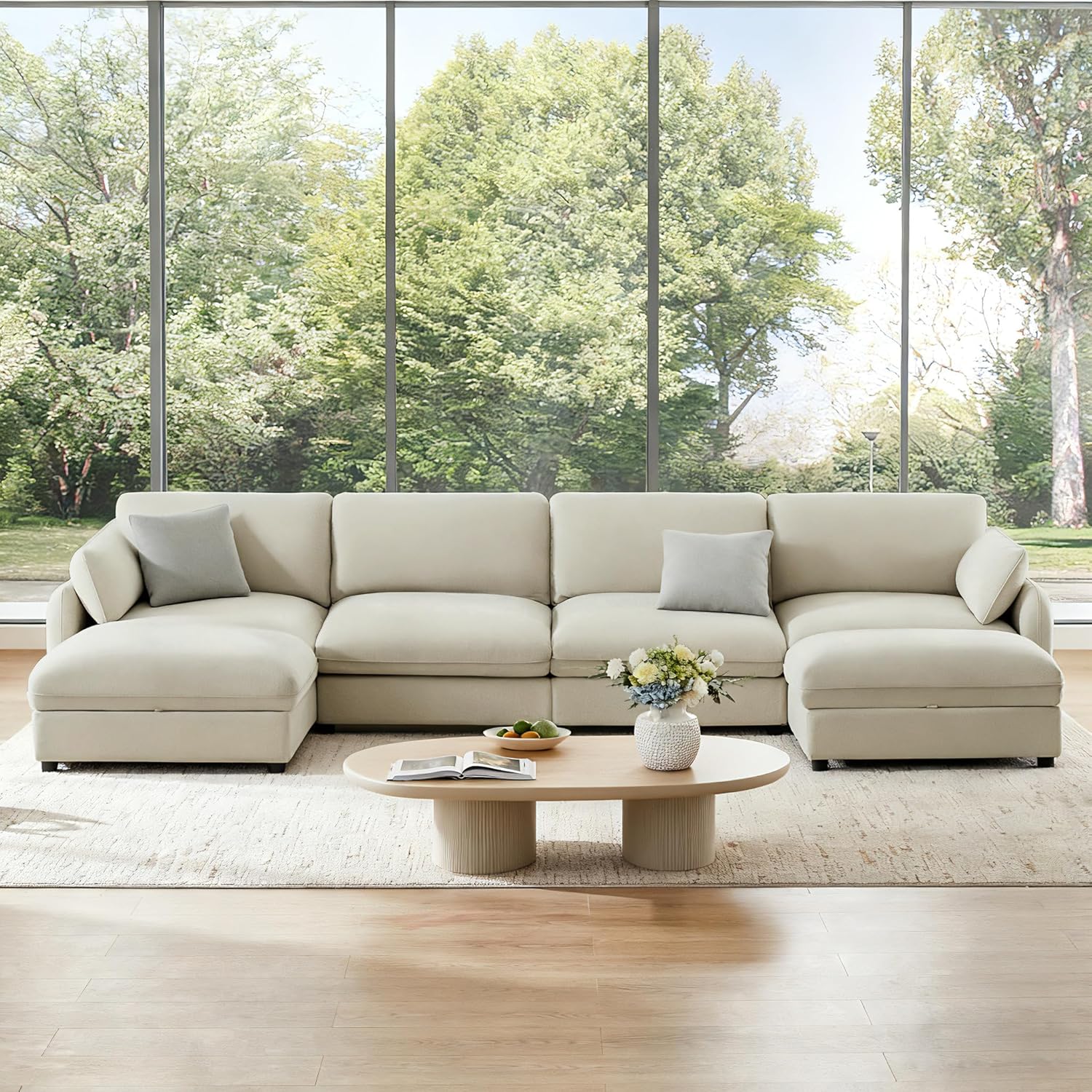 Kislot 147" U-Shaped Cloud Sectional Sofa - Oversized Modular Linen Couch with Movable Ottomans, Deep Seats & Pillows, Sand