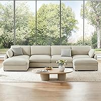 Kislot 147" U-Shaped Cloud Sectional Sofa - Oversized Modular Linen Couch with Movable Ottomans, Deep Seats & Pillows, Sand