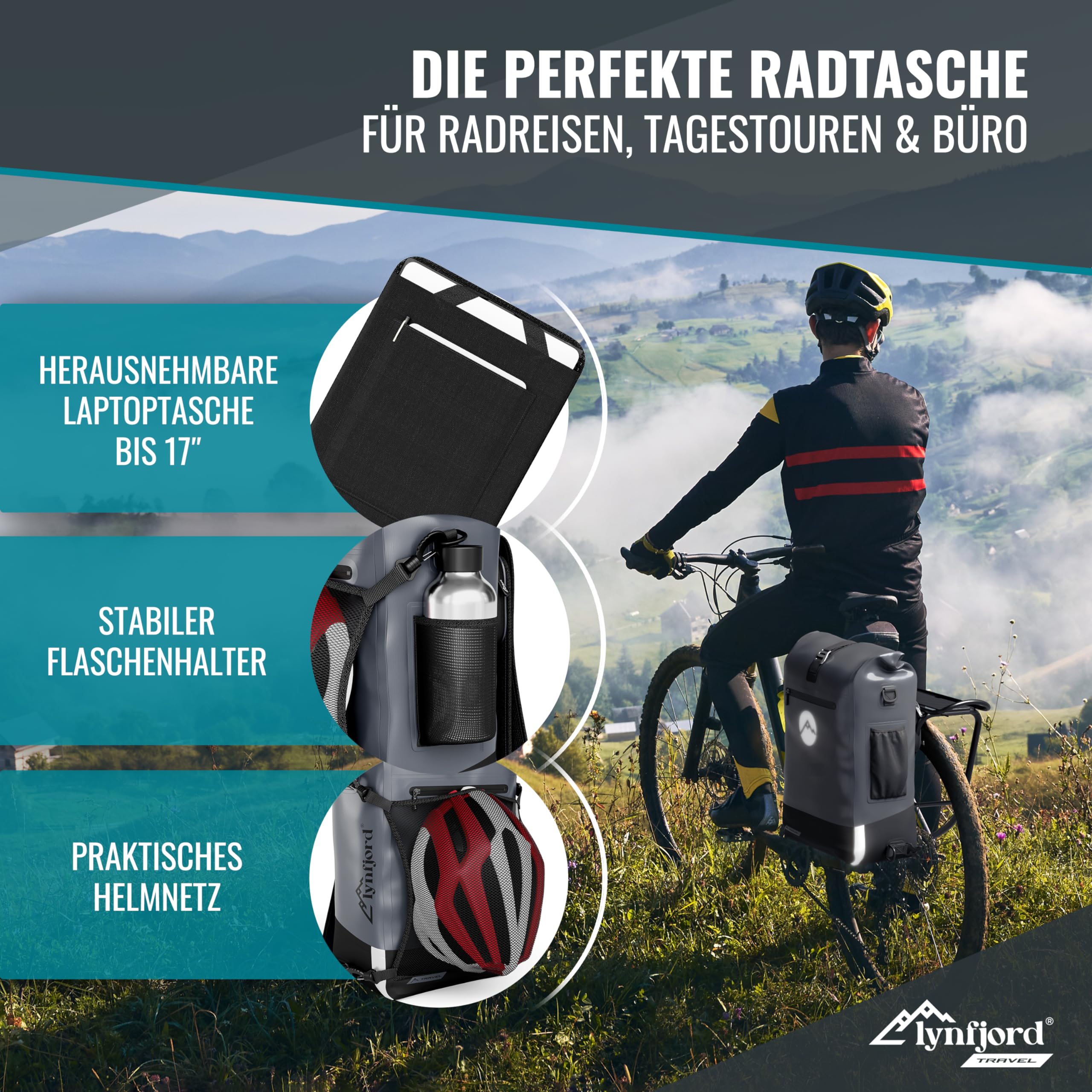 Travel Trek 25 Fahrradtasche 3in1 - optimierte Gepäckträgertasche, Rucksack, Cross Bag - wasserdicht - Rückenpolster - Helmnetz - Schnelleinhängung - Laptoptasche - Rückwand - Fiord