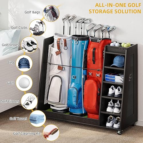 Miniatura 2 de DWVO Organizador de bolsas de golf para garaje, soporte de madera para bolsas de golf con ruedas, organizador de almacenamiento de golf para bolsas