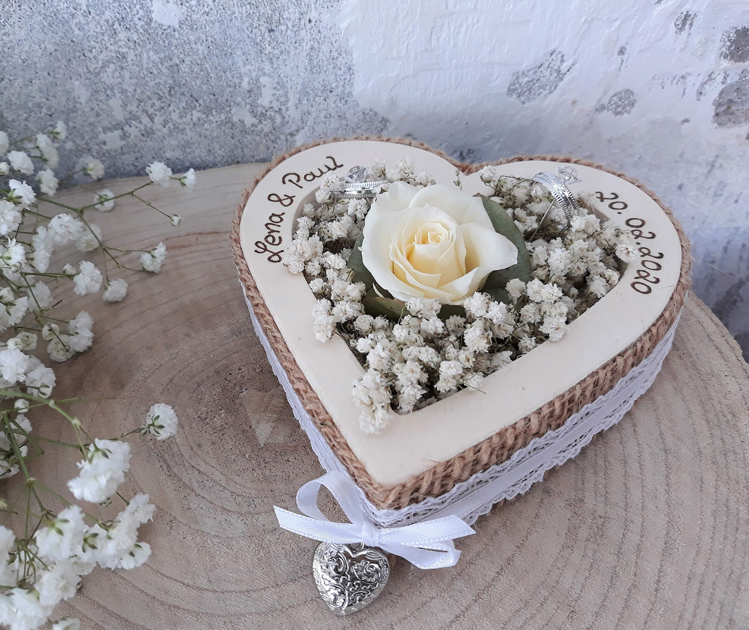 Hochzeit Ringkissen Ringhalter Herz Rose Loveliness creme für Eheringe mit Namen