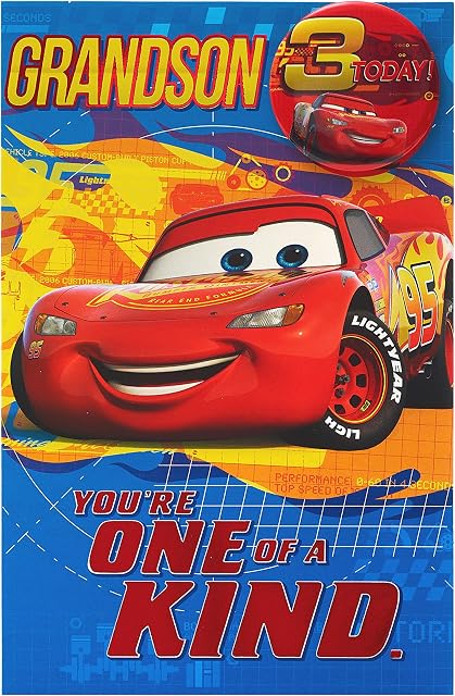 UK Greetings 3rd Birthday Card - Birthday Card 3 Year Old Boy - Disney Lightening McQueen Design - Badge Included, Multi, 149mm x 229mm