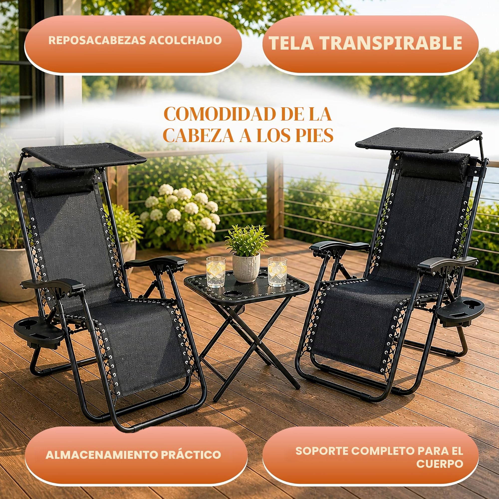 Garden Mile Juego de 2 tumbonas Negras de Gravedad Cero para el Sol, 2 Unidades, sillas de salón textoline, Muebles de jardín para Exteriores, Asientos Interiores, tumbonas, reclinables