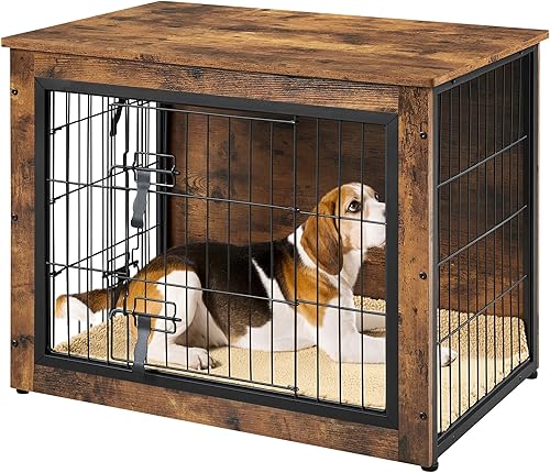 Yaheetech 32" Mesa auxiliar de jaula para perros con cojín, jaula de madera para perros con puertas doblespies ajustables, mesa auxiliar lateral