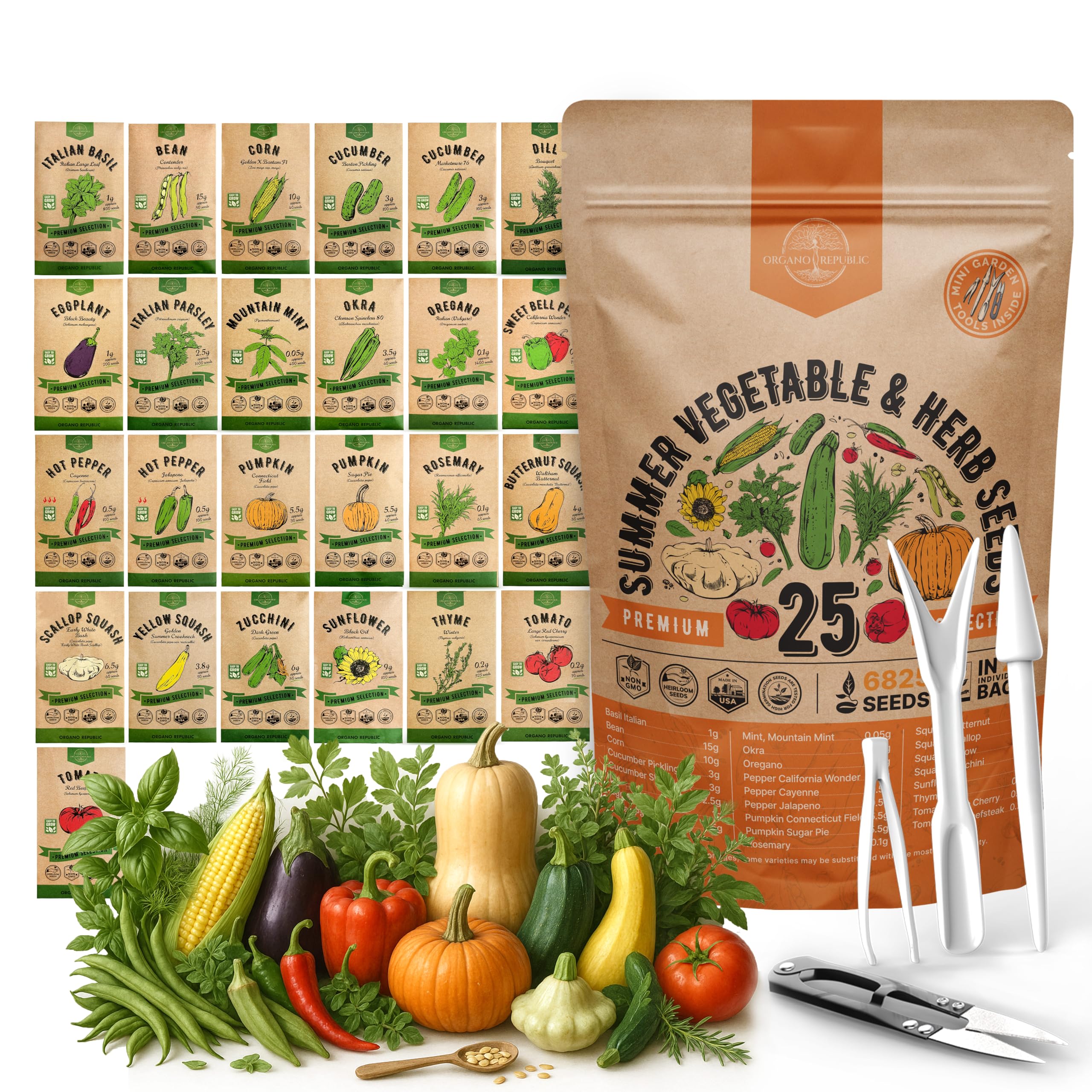 Organo Republic 25 Summer Vegetable & Herb Garden Seeds