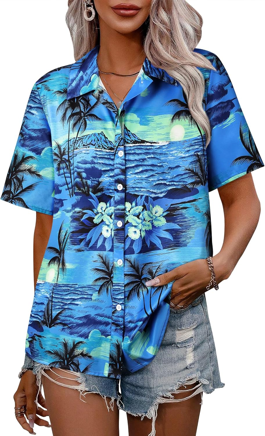 ZXZY Women Summer Hawaii Shirts Soft Cool Floral Tropic Print Short Sleeve Button Up Tops T-Shirt - Image 6
