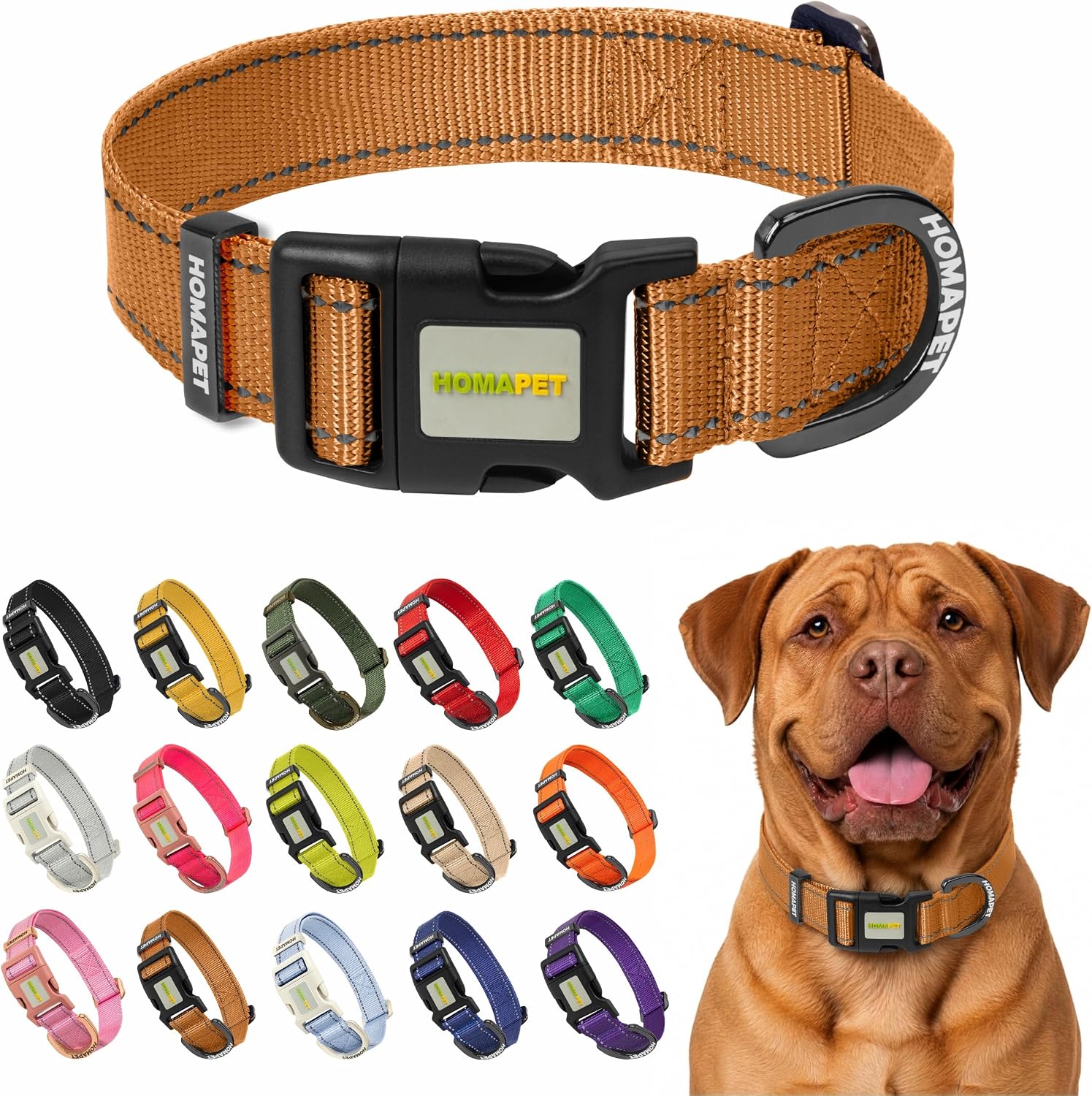 Homapet. Reflective Dog Collar, Heavy Duty Metal D Ring, Adjustable Nylon Collar with Durable Buckel for Small Medium and Large Dogs (Copper Brown, M)