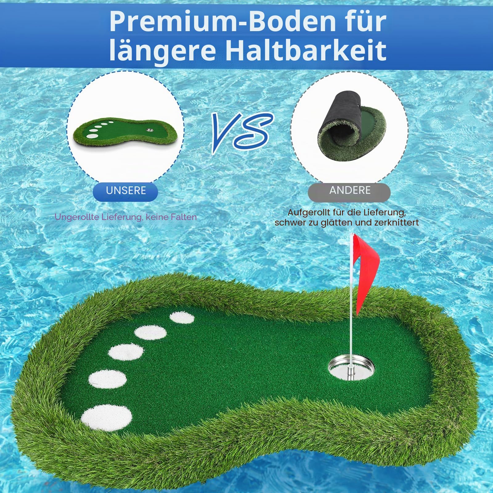 Schwimmendes Golfgrün für Pool, schwimmende grüne Matte mit Ball-Riever für Pool/See, kein Driften, schwimmendes Golf-Putting-Rasen-Spiel-Set für Golfer