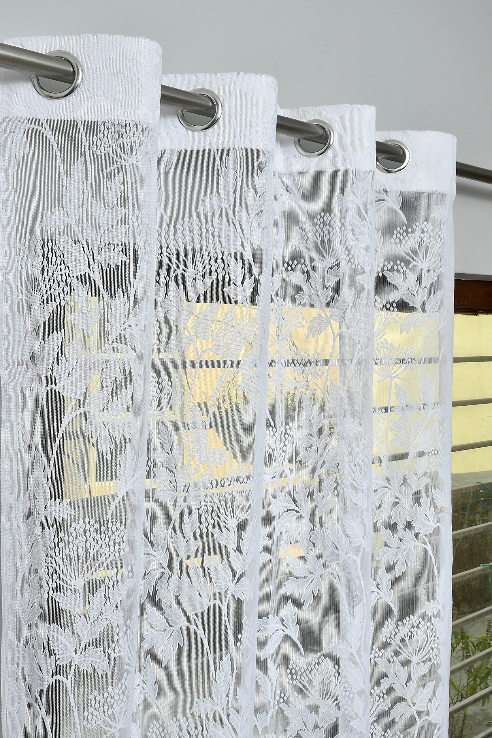 Net Semi Sheer Transparent Flower Curtains for Long Door 9 Feet, Pack of 2, White