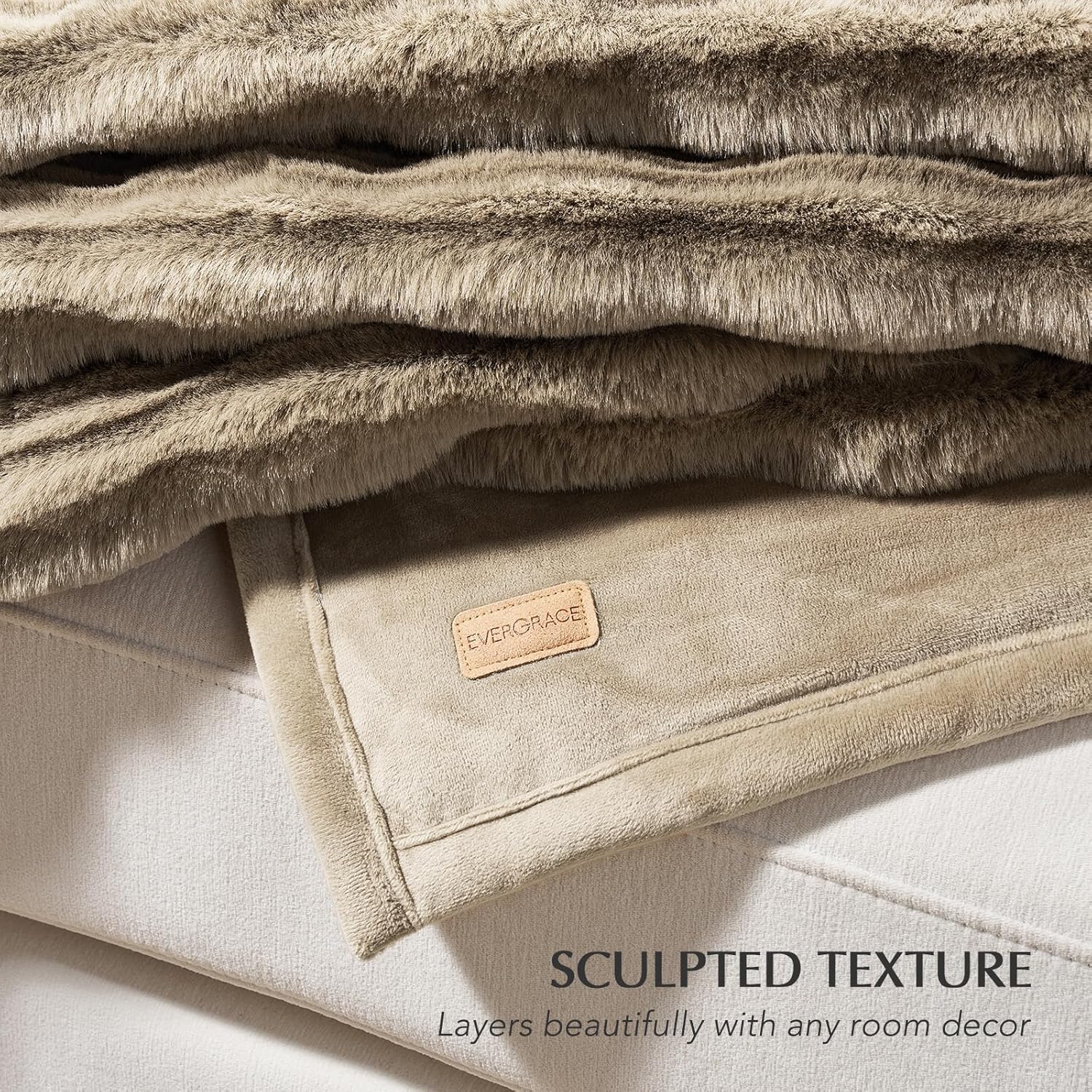 EVERGRACEHOME Ultra Soft Faux Fur Throw Blanket for Couch, Luxury Sculpted Texture Faux Blanket for Bed, Fluffy Thick Plush Warm Fuzzy.
