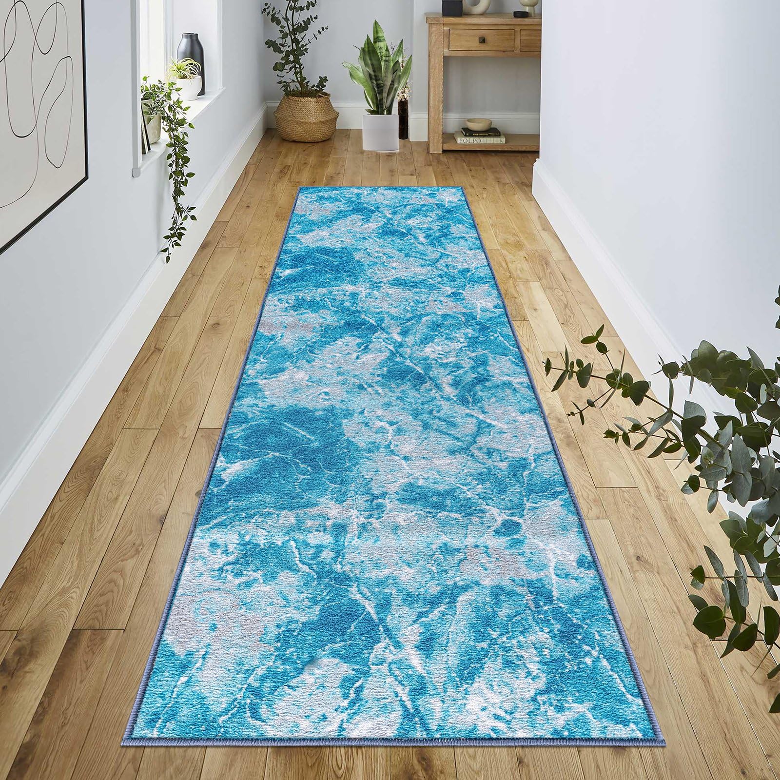 renoazul® Anti-Skid Carpet Runners With Gel Backing - Marble Rug - 80 x 300 cm - Blue - Washable Low Pile Rug, Runner Rugs For Hallway - Ideal For Living Room, Bedroom, Lounge And Hall Way.