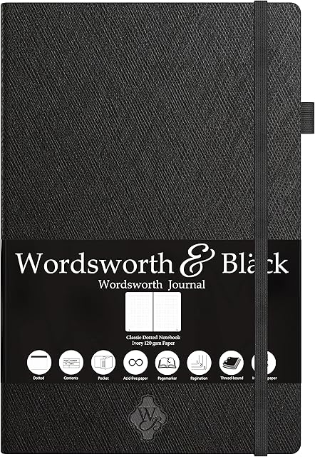 Thin Classic Premium Bullet Grid Journal with Pen Loop | A5 5.8 x 8.3 Dotted Hard Cover Notebook | Lightweight, Numbered Pages | Dotted Journal | Leather, Inner Pocket, Ivory 120gsm Paper | Black