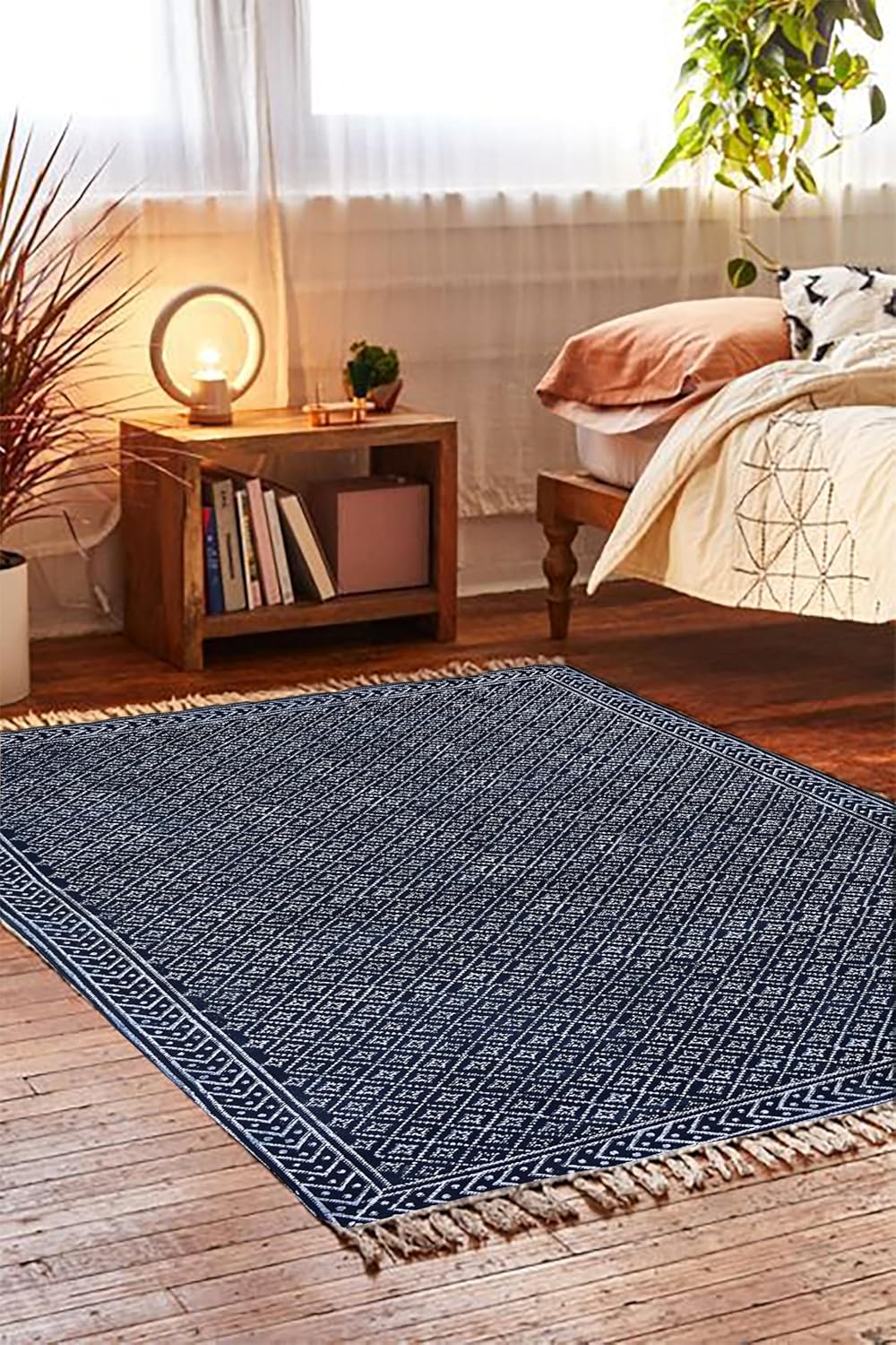 Cotton Area Rug 6x9 Feet Hand Block Printed Indian Dhurrie Rug Dark Blue Solid Pattern Durrie for Indoor Outdoor Use Flatweave Rugs for Living Room, Bedrooom Home Décor