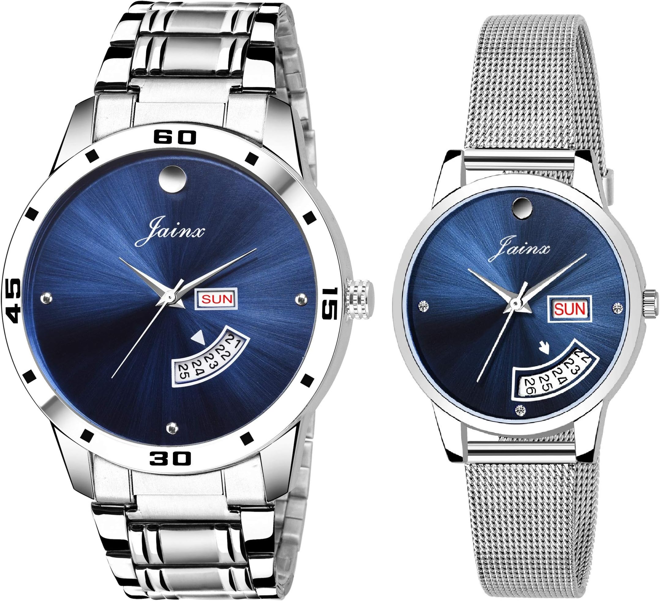jainx Day and Date Dial Steel Chain Analog Wrist Watch for Couple (Black/Silver/Red/Blue Dial)
