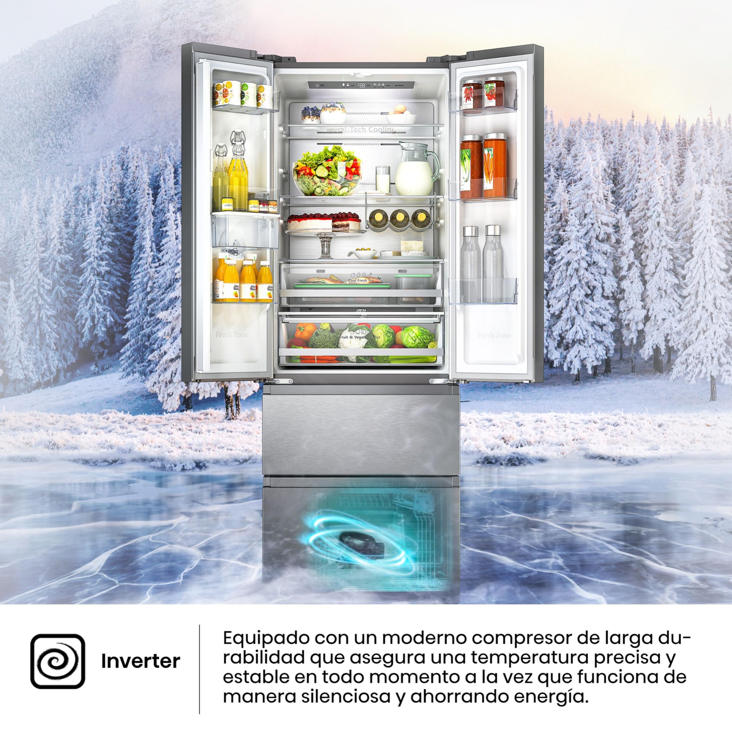 Hisense RF632N4WIE - Frigorífico Combi No Frost Inox Puerta Francesa, Con dispensador, No Frost, 2 Metros,Cajón, 337Litros, Sistema de flujo de aire, Acabado Inox, 485 litros