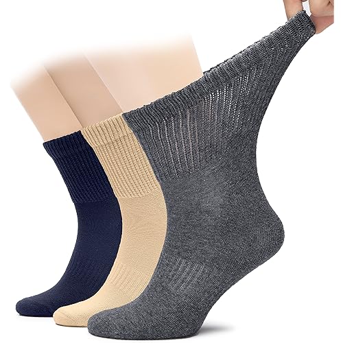 Hugh Ugoli Men's Cotton Diabetic Ankle Socks, Wide, Loose and Stretchy, Seamless Toe & Non Binding Top, Semi Cushion, 3 Pairs