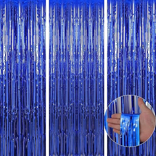 Decoraciones de fiesta de cumpleaños Paquete de 3 cortinas de flecos de papel de aluminio azul de 3.3 x 9.9 pies, suministros de fiesta, telón de